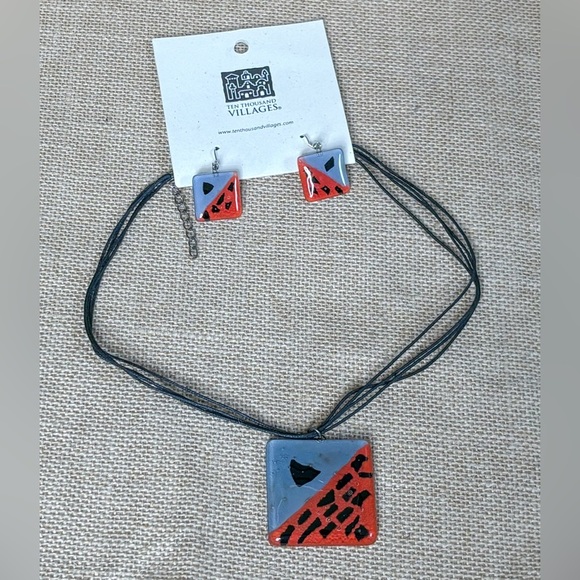 Orange Gray Black Square Glass Pendant Necklace Earrings Art To Wear Avant Garde - Picture 1 of 4